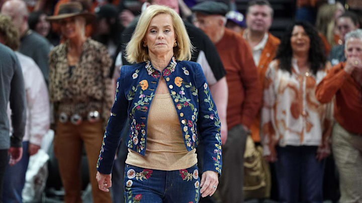 Feb 5, 2026; Austin, Texas, USA; LSU Tigers head coach Kim Mulkey enters the court before a game against the Texas Longhorns at Moody Center. Mandatory Credit: Dustin Safranek-Imagn Images