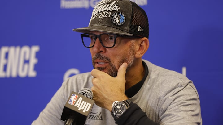 May 30, 2024; Minneapolis, Minnesota, USA; Dallas Mavericks head coach Jason Kidd at a press conference after winning the Western Conference Championship against the Minnesota Timberwolves in game five of the western conference finals for the 2024 NBA playoffs at Target Center. Mandatory Credit: Bruce Kluckhohn-Imagn Images