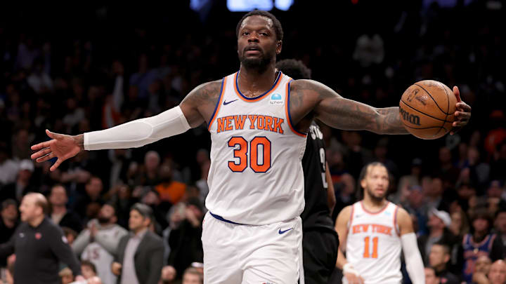 Jan 23, 2024; Brooklyn, New York, USA; New York Knicks forward Julius Randle (30) reacts during the fourth quarter against the Brooklyn Nets at Barclays Center. Mandatory Credit: Brad Penner-Imagn Images