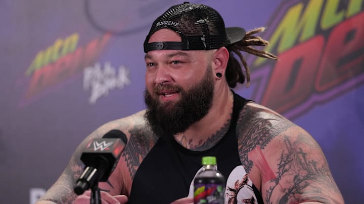 Jan 28, 2023; San Antonio, TX, USA; Bray Wyatt speaks to members of the media during a press conference after the WWE Royal Rumble at the Alamodome. Mandatory Credit: Joe Camporeale-Imagn Images