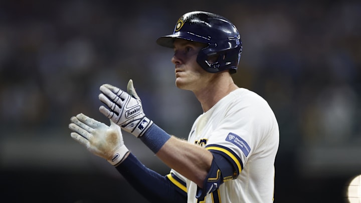 Oct 4, 2023; Milwaukee, Wisconsin, USA; Milwaukee Brewers player Mark Canha (21) reacts after hitting a single in the eighth inning against the Arizona Diamondbacks during game two of the Wildcard series for the 2023 MLB playoffs at American Family Field. Mandatory Credit: Kamil Krzaczynski-Imagn Images Oct 4, 2023; Milwaukee, Wisconsin, USA; Milwaukee Brewers player Mark Canha (21) reacts after hitting a single in the eighth inning against the Arizona Diamondbacks during game two of the Wildcard series for the 2023 MLB playoffs at American Family Field. Mandatory Credit: Kamil Krzaczynski-Imagn Images