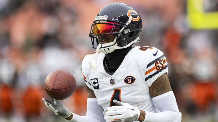 Dec 17, 2023; Cleveland, Ohio, USA; Chicago Bears safety Eddie Jackson (4) catches the ball during warm ups before the game against the Cleveland Browns at Cleveland Browns Stadium. Mandatory Credit: Scott Galvin-USA TODAY Sports