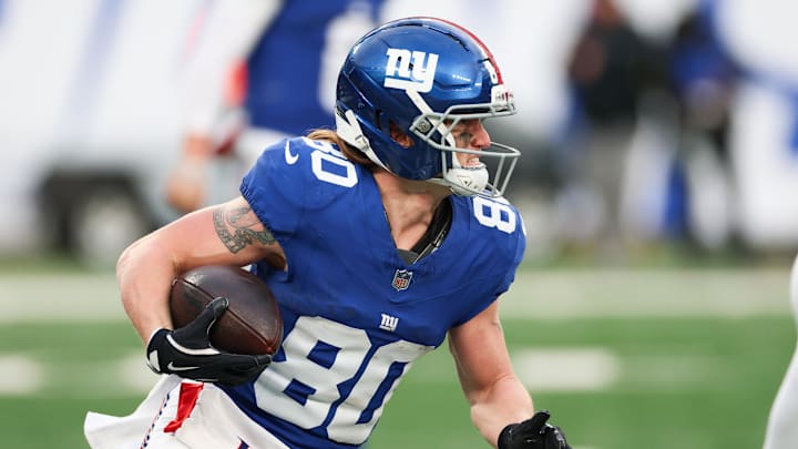 Jan 4, 2026; East Rutherford, New Jersey, USA; New York Giants wide receiver Gunner Olszewski (80) runs after making a catch during the fourth quarter against the Dallas Cowboys at MetLife Stadium. Mandatory Credit: Vincent Carchietta-Imagn Images