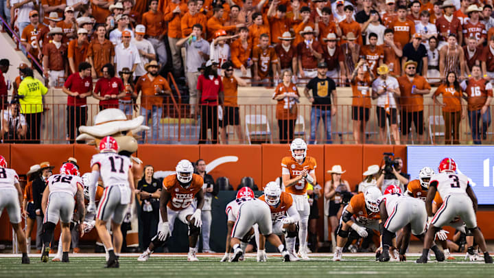 Oct 19, 2024; Austin, Texas, USA; Texas Longhorns quarterback Quinn Ewers (3) on offense in the first quarter against the Georgia Bulldogs at Darrell K Royal-Texas Memorial Stadium. Mandatory Credit: Brett Patzke-Imagn Images