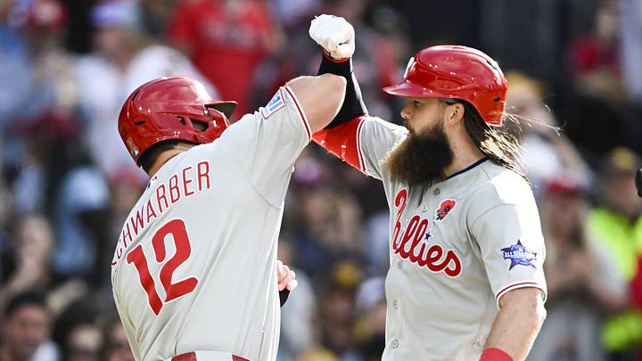 May 25, 2026; San Diego, California, USA; Philadelphia Phillies left fielder Brandon Marsh (16), right, is congratulated by designated hitter Kyle Schwarber (12) after hitting a two-run home run during the seventh inning against the San Diego Padres at Petco Park. May 25, 2026; San Diego, California, USA; Philadelphia Phillies left fielder Brandon Marsh (16), right, is congratulated by designated hitter Kyle Schwarber (12) after hitting a two-run home run during the seventh inning against the San Diego Padres at Petco Park.