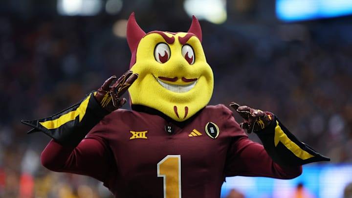 Jan 1, 2025; Atlanta, GA, USA; Arizona State Sun Devils mascot Sparky the Sun Devil during the second half of the Peach Bowl at Mercedes-Benz Stadium. Mandatory Credit: Brett Davis-Imagn Images