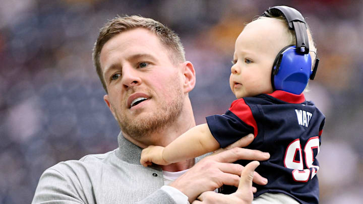 Houston Texans legend J.J. Watt was down on the field with his son Koa before calling the come from behind victory over the Jacksonville Jaguars