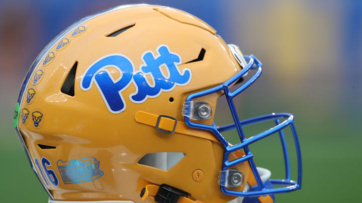 Nov 16, 2024; Pittsburgh, Pennsylvania, USA;  A Pittsburgh Panthers helmet on the sidelines against the Clemson Tigers during the fourth quarter at Acrisure Stadium. Mandatory Credit: Charles LeClaire-Imagn Images