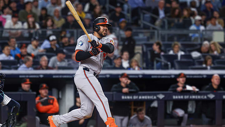 Sep 24, 2024; Bronx, New York, USA; Baltimore Orioles right fielder Anthony Santander (25) hits a solo home run during the sixth inning against the New York Yankees at Yankee Stadium. 