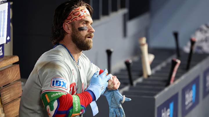 May 30, 2026; Los Angeles, California, USA; Philadelphia Phillies first baseman Bryce Harper (3) looks on in the bench during the third inning against the Los Angeles Dodgers at Dodger Stadium. May 30, 2026; Los Angeles, California, USA; Philadelphia Phillies first baseman Bryce Harper (3) looks on in the bench during the third inning against the Los Angeles Dodgers at Dodger Stadium.