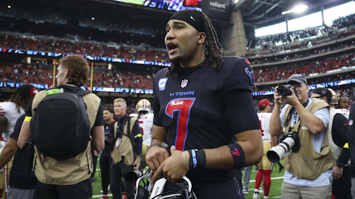 Oct 26, 2025; Houston, Texas, USA; Houston Texans quarterback C.J. Stroud (7) reacts on the field after the game against the San Francisco 49ers at NRG Stadium. Mandatory Credit: Troy Taormina-Imagn Images Oct 26, 2025; Houston, Texas, USA; Houston Texans quarterback C.J. Stroud (7) reacts on the field after the game against the San Francisco 49ers at NRG Stadium. Mandatory Credit: Troy Taormina-Imagn Images