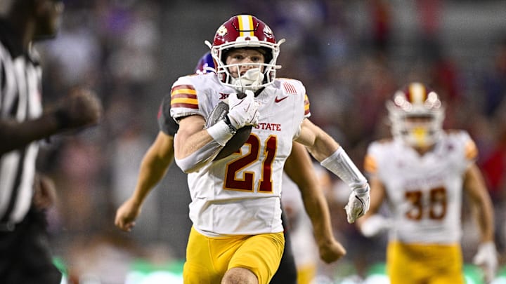 Nov 8, 2025; Fort Worth, Texas, USA; Iowa State Cyclones running back Aiden Flora (21) returns a punt for a touchdown against the TCU Horned Frogs during the second half at Amon G. Carter Stadium. Mandatory Credit: Jerome Miron-Imagn Images Nov 8, 2025; Fort Worth, Texas, USA; Iowa State Cyclones running back Aiden Flora (21) returns a punt for a touchdown against the TCU Horned Frogs during the second half at Amon G. Carter Stadium. Mandatory Credit: Jerome Miron-Imagn Images