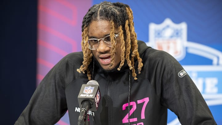 East Carolina defensive back Shavon Revel during the 2025 NFL Combine at Lucas Oil Stadium.