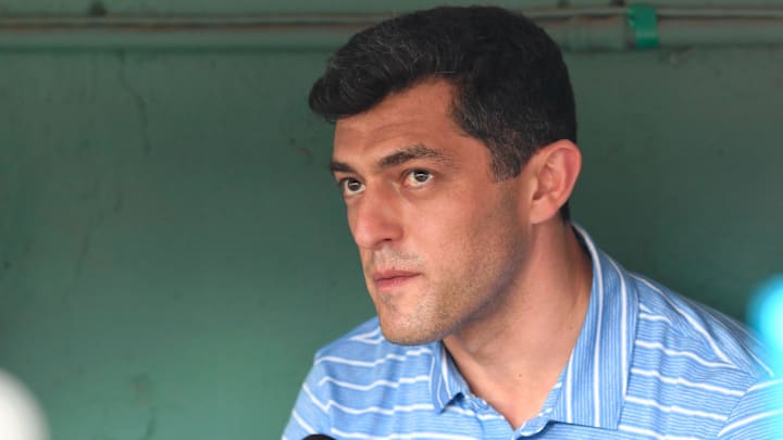 Jul 27, 2022; Boston, Massachusetts, USA; Boston Red Sox chief baseball officer Chaim Bloom talks with the media before a game against the Cleveland Guardians at Fenway Park. Mandatory Credit: Brian Fluharty-Imagn Images