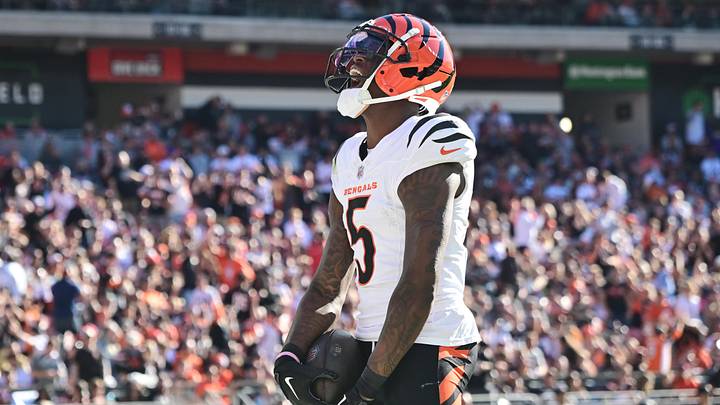 Oct 20, 2024; Cleveland, Ohio, USA; Cincinnati Bengals wide receiver Tee Higgins (5) celebrates after scoring a touchdown during the second half against the Cleveland Browns at Huntington Bank Field. Mandatory Credit: Ken Blaze-Imagn Images