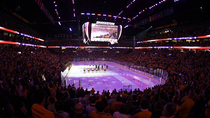 May 7, 2022; Nashville, Tennessee, USA; View of Bridgestone Arena during the national anthem before game three of the first round of the 2022 Stanley Cup Playoffs between the Nashville Predators and the Colorado Avalanche. Mandatory Credit: Christopher Hanewinckel-USA TODAY Sports