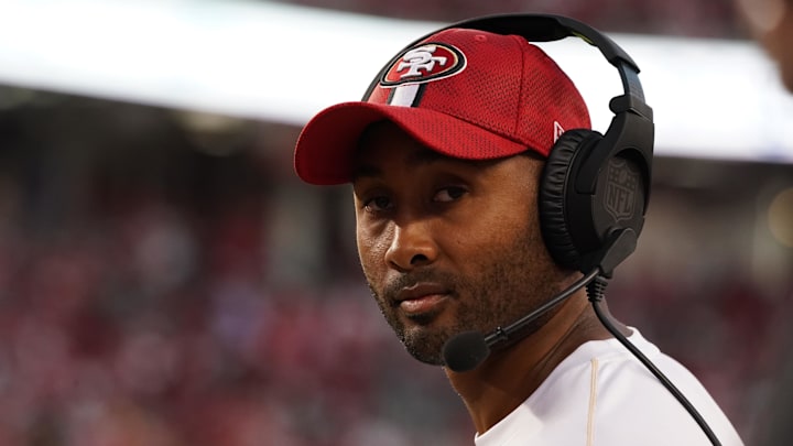 Sep 9, 2024; Santa Clara, California, USA; San Francisco 49ers defensive quality control coach K.J. Wright watches the action against the New York Jets in the third quarter at Levi's Stadium. Mandatory Credit: David Gonzales-Imagn Images