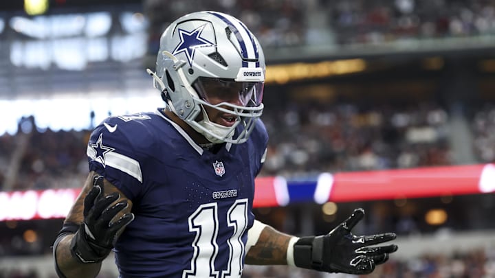 Jan 5, 2025; Arlington, Texas, USA;  Dallas Cowboys linebacker Micah Parsons (11) celebrates  after a sack during the first quarter against the Washington Commanders at AT&T Stadium. Mandatory Credit: Kevin Jairaj-Imagn Images