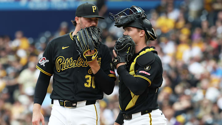 Apr 18, 2026; Pittsburgh, Pennsylvania, USA;  Pittsburgh Pirates pitcher Paul Skenes (30) and Pittsburgh Pirates catcher Henry Davis (32) confer on the mound against the Tampa Bay Rays during the second inning at PNC Park. Mandatory Credit: Charles LeClaire-Imagn Images