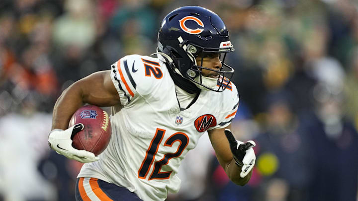 Dec 7, 2025; Green Bay, Wisconsin, USA;  Chicago Bears wide receiver Devin Duvernay (12) during the game against the Green Bay Packers at Lambeau Field. Mandatory Credit: Jeff Hanisch-Imagn Images