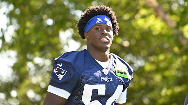 Jul 23, 2025; Foxborough, MA, USA; New England Patriots defensive end Truman Jones (54) walks to the practice fields for training camp at Gillette Stadium. Mandatory Credit: Eric Canha-Imagn Images