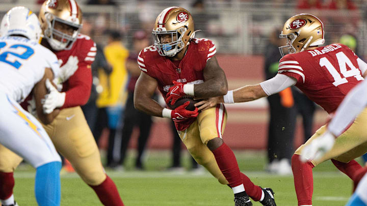 Aug 25, 2023; Santa Clara, California, USA;  San Francisco 49ers running back Tyrion Davis-Price (32) runs with the football during the third quarter against the Los Angeles Chargers at Levi's Stadium.