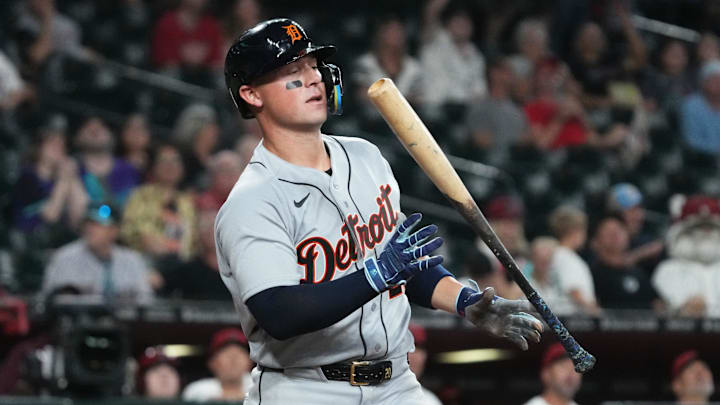 Mar 30, 2026; Phoenix, Arizona, USA; Detroit Tigers first baseman Spencer Torkelson (20) reacts after missing a pitch against the Arizona Diamondbacks in the ninth inning at Chase Field. Mandatory Credit: Rick Scuteri-Imagn Images