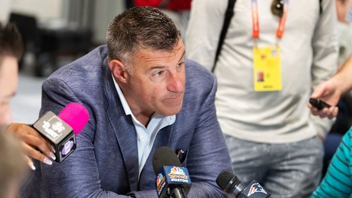 Mar 31, 2026; Phoenix, AZ, USA; New England Patriots head coach Mike Vrabel speaks to reporters in the media during the 2026 NFL Annual League Meeting at the Arizona Biltmore. Mandatory Credit: Mark J. Rebilas-Imagn Images