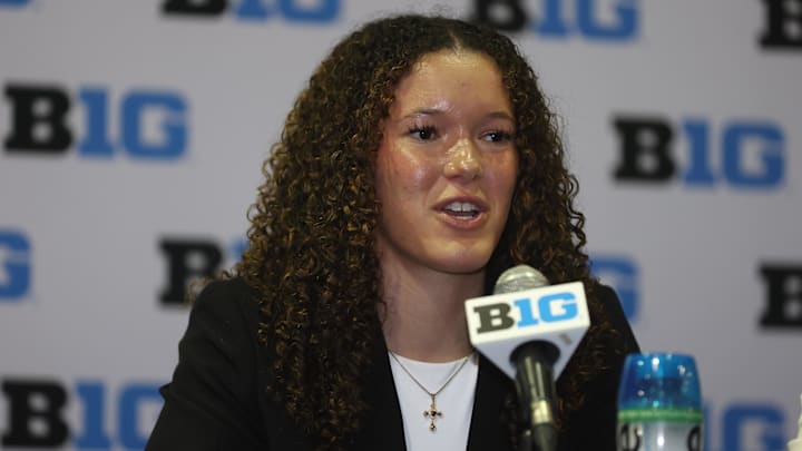 Oct 8, 2025; Rosemont, Illinois, USA; Illinois’s Berry Wallace speaks during Big Ten Women’s Basketball Media Days at the Donald E. Stephens Convention Center. Mandatory Credit: Talia Sprague-Imagn Images