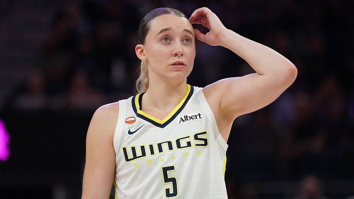 Aug 17, 2026; San Francisco, California, USA;  Dallas Wings guard Paige Bueckers (5) waits for play to resume against the Golden State Valkyries in the third quarter at Chase Center. Mandatory Credit: David Gonzales-Imagn Images