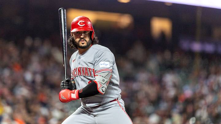 Aug 24, 2026; San Francisco, California, USA;  Cincinnati Reds designated hitter Eugenio Suarez (28) at bat during the sixth inning against the San Francisco Giants at Oracle Park.  Mandatory Credit: Bob Kupbens-Imagn Images