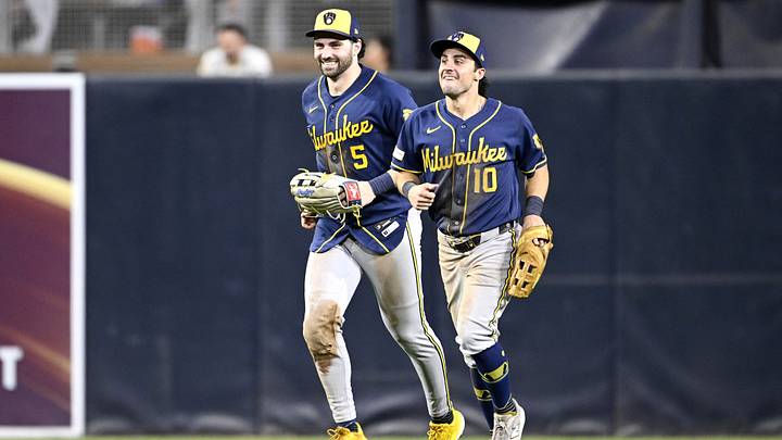 Oct 7, 2026; San Diego, California, USA; Milwaukee Brewers center fielder Garrett Mitchell (5) and Milwaukee Brewers right fielder Sal Frelick (10) celebrate after the game against the San Diego Padres in game four of the NLDS for the 2026 MLB Playoffs at Petco Park. Mandatory Credit: Denis Poroy-Imagn Images Oct 7, 2026; San Diego, California, USA; Milwaukee Brewers center fielder Garrett Mitchell (5) and Milwaukee Brewers right fielder Sal Frelick (10) celebrate after the game against the San Diego Padres in game four of the NLDS for the 2026 MLB Playoffs at Petco Park. Mandatory Credit: Denis Poroy-Imagn Images