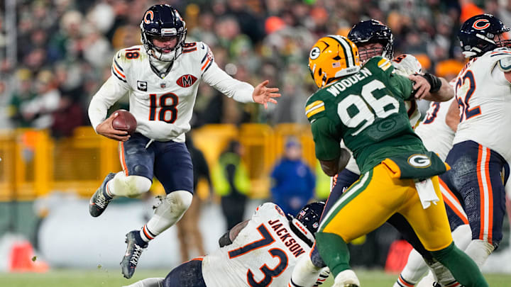 Caleb Williams looks for an escape in the Bears' 28-21 loss at Lambeau Field on Dec. 7. Caleb Williams looks for an escape in the Bears' 28-21 loss at Lambeau Field on Dec. 7.