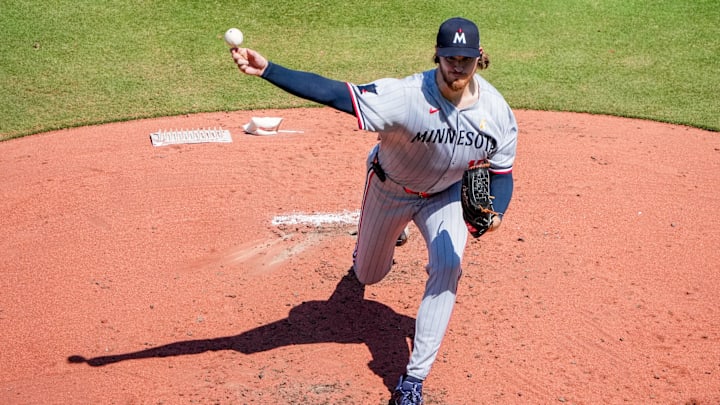 Sep 7, 2025; Kansas City, Missouri, USA; Minnesota Twins starting pitcher Bailey Ober (17) delivers a pitch against the Kansas City Royals during the third inning at Kauffman Stadium. Mandatory Credit: Denny Medley-Imagn Images