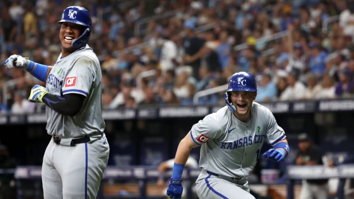 May 24, 2024; St. Petersburg, Florida, USA; Kansas City Royals second base Michael Massey (19) is congratulated by Kansas City Royals catcher Salvador Perez (13) after he hit a three-run home run against the Tampa Bay Rays during the fifth inning at Tropicana Field. Mandatory Credit: Kim Klement Neitzel-USA TODAY Sports
