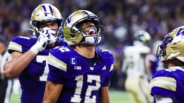 Aug 30, 2025; Seattle, Washington, USA; Washington Huskies wide receiver Denzel Boston (12) celebrates after catching a touchdown pass against the Colorado State Rams during the third quarter at Husky Stadium. Mandatory Credit: Joe Nicholson-Imagn Images Aug 30, 2025; Seattle, Washington, USA; Washington Huskies wide receiver Denzel Boston (12) celebrates after catching a touchdown pass against the Colorado State Rams during the third quarter at Husky Stadium. Mandatory Credit: Joe Nicholson-Imagn Images