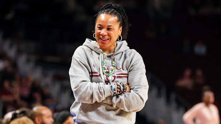 Nov 23, 2025; Columbia, South Carolina, USA; South Carolina Gamecocks head coach Dawn Staley directs her team against the Queens Royals in the second half at Colonial Life Arena. Mandatory Credit: Jeff Blake-Imagn Images
