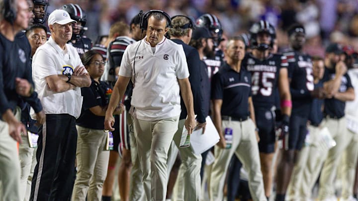 Oct 11, 2025; Baton Rouge, Louisiana, USA;  South Carolina Gamecocks head coach Shane Beamer looks on against the LSU Tigers during the first half at Tiger Stadium. Mandatory Credit: Stephen Lew-Imagn Images