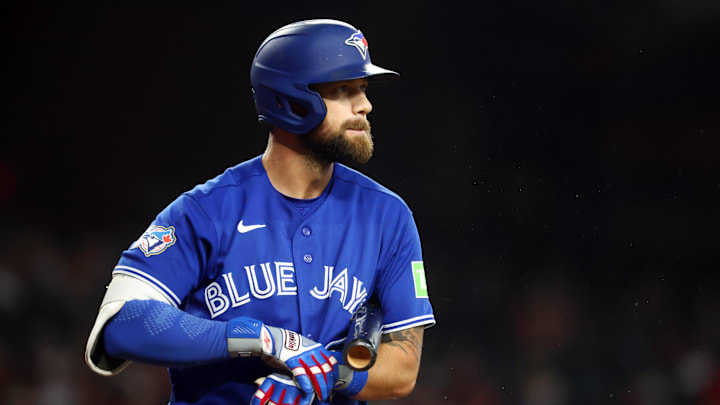 Apr 19, 2026; Phoenix, Arizona, USA; Toronto Blue Jays outfielder Nathan Lukes against the Arizona Diamondbacks at Chase Field. 