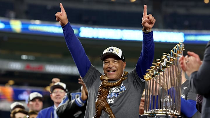 Los Angeles Dodgers manager Dave Roberts celebrates after winning the 2024 MLB World Series against the New York Yankees at Yankee Stadium.