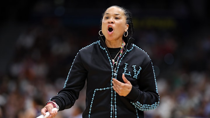 Apr 6, 2025; Tampa, FL, USA; South Carolina Gamecocks head coach Dawn Staley reacts during the first half of the national championship of the women's 2025 NCAA tournament against the Connecticut Huskies at Amalie Arena. Mandatory Credit: Nathan Ray Seebeck-Imagn Images Apr 6, 2025; Tampa, FL, USA; South Carolina Gamecocks head coach Dawn Staley reacts during the first half of the national championship of the women's 2025 NCAA tournament against the Connecticut Huskies at Amalie Arena. Mandatory Credit: Nathan Ray Seebeck-Imagn Images
