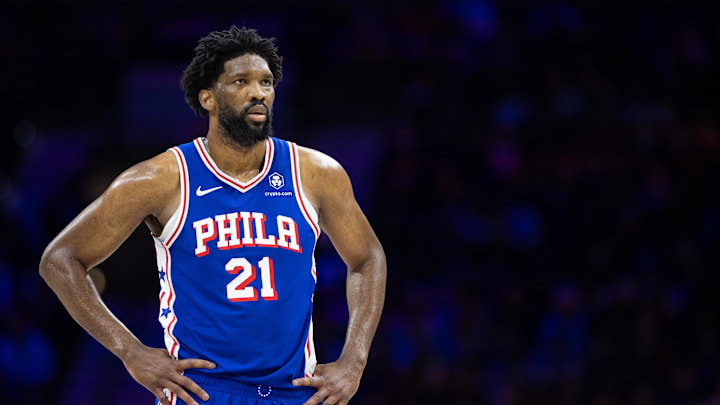 Feb 20, 2025; Philadelphia, Pennsylvania, USA; Philadelphia 76ers center Joel Embiid (21) looks on during the third quarter against the Boston Celtics at Wells Fargo Center. Mandatory Credit: Bill Streicher-Imagn Images