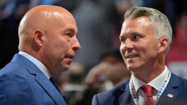 Jul 7, 2022; Montreal, Quebec, CANADA; Montreal Canadiens general manager Kent Hughes (left) talks with head coach Martin St. Louis before the first round of the 2022 NHL Draft at Bell Centre. Mandatory Credit: Eric Bolte-Imagn Images Jul 7, 2022; Montreal, Quebec, CANADA; Montreal Canadiens general manager Kent Hughes (left) talks with head coach Martin St. Louis before the first round of the 2022 NHL Draft at Bell Centre. Mandatory Credit: Eric Bolte-Imagn Images