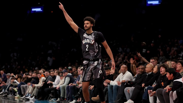 Dec 4, 2024; Brooklyn, New York, USA; Brooklyn Nets forward Cameron Johnson (2) celebrates his three point shot against the Indiana Pacers during the third quarter at Barclays Center.