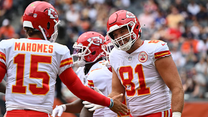 Aug 13, 2022; Chicago, Illinois, USA;  Kansas City Chiefs tight end Blake Bell (81) is congratulated by quarterback Patrick Mahomes (15) after catching a touchdown pass in the first quarter against the Chicago Bears at Soldier Field. Mandatory Credit: Jamie Sabau-Imagn Images