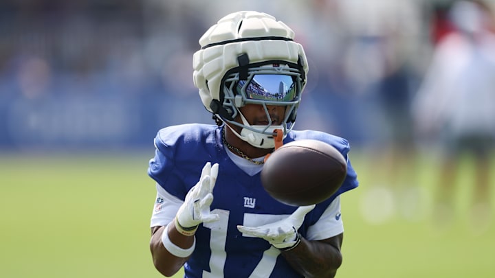 Aug 4, 2025; East Rutherford, NJ, USA; New York Giants wide receiver Wan'Dale Robinson (17) makes a catch during training camp at Quest Diagnostics Training Center. Mandatory Credit: Vincent Carchietta-Imagn Images