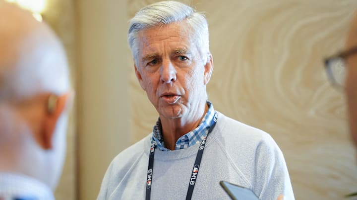 Nov 9, 2022; Las Vegas, NV, USA; Philadelphia Phillies president of baseball operations Dave Dombrowski answers questions from the media during the MLB GM Meetings at The Conrad Las Vegas.