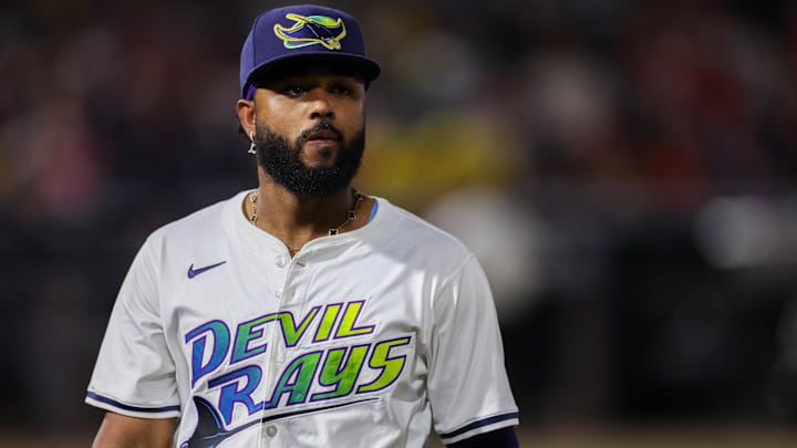 Sep 20, 2025; Tampa, Florida, USA; Tampa Bay Rays third baseman Junior Caminero (13) looks on against the Boston Red Sox in the sixth inning at George M. Steinbrenner Field.