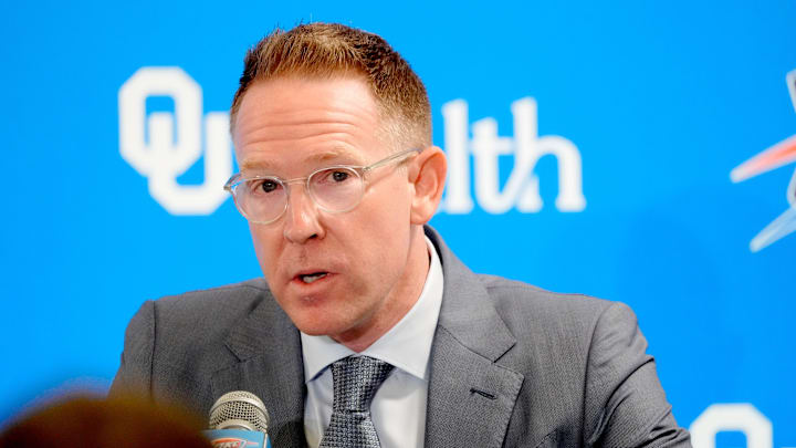 Thunder general manager Sam Presti speaks during an introductory press conference for the 2024 Thunder draft picks at Oklahoma Contemporary Arts Center in Oklahoma City, Saturday, June, 29, 2024.