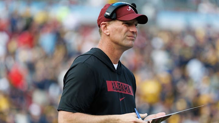 Dec 31, 2024; Tampa, FL, USA; Alabama Crimson Tide head coach Kalen DeBoer looks on against the Michigan Wolverines during the first half at Raymond James Stadium. Mandatory Credit: Matt Pendleton-Imagn Images